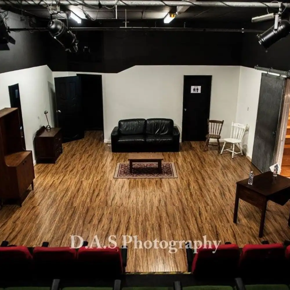 The color photo shows a small, empty theater room with wood floors, seating, and minimal furniture.