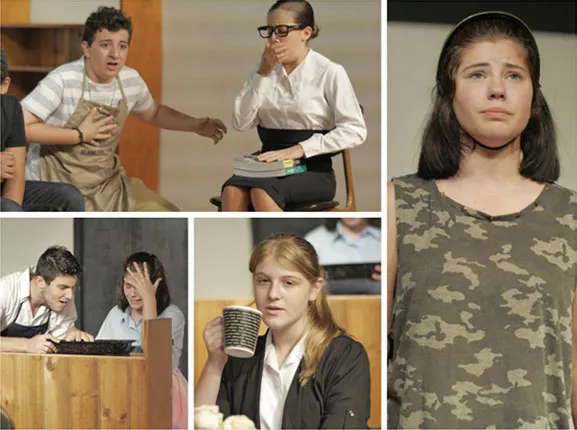 A collage of actors on stage, showing varied emotions like surprise and contemplation.