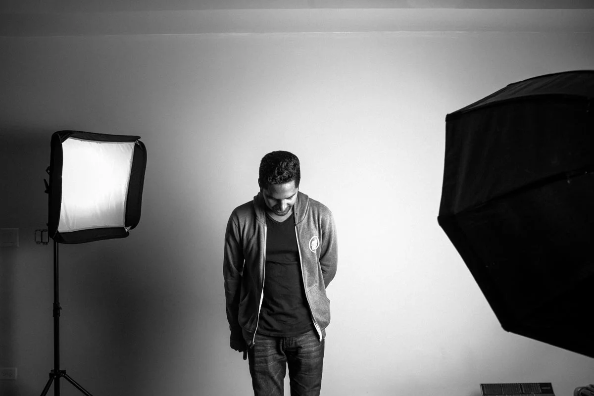 Actor in dramatic black and white lighting
