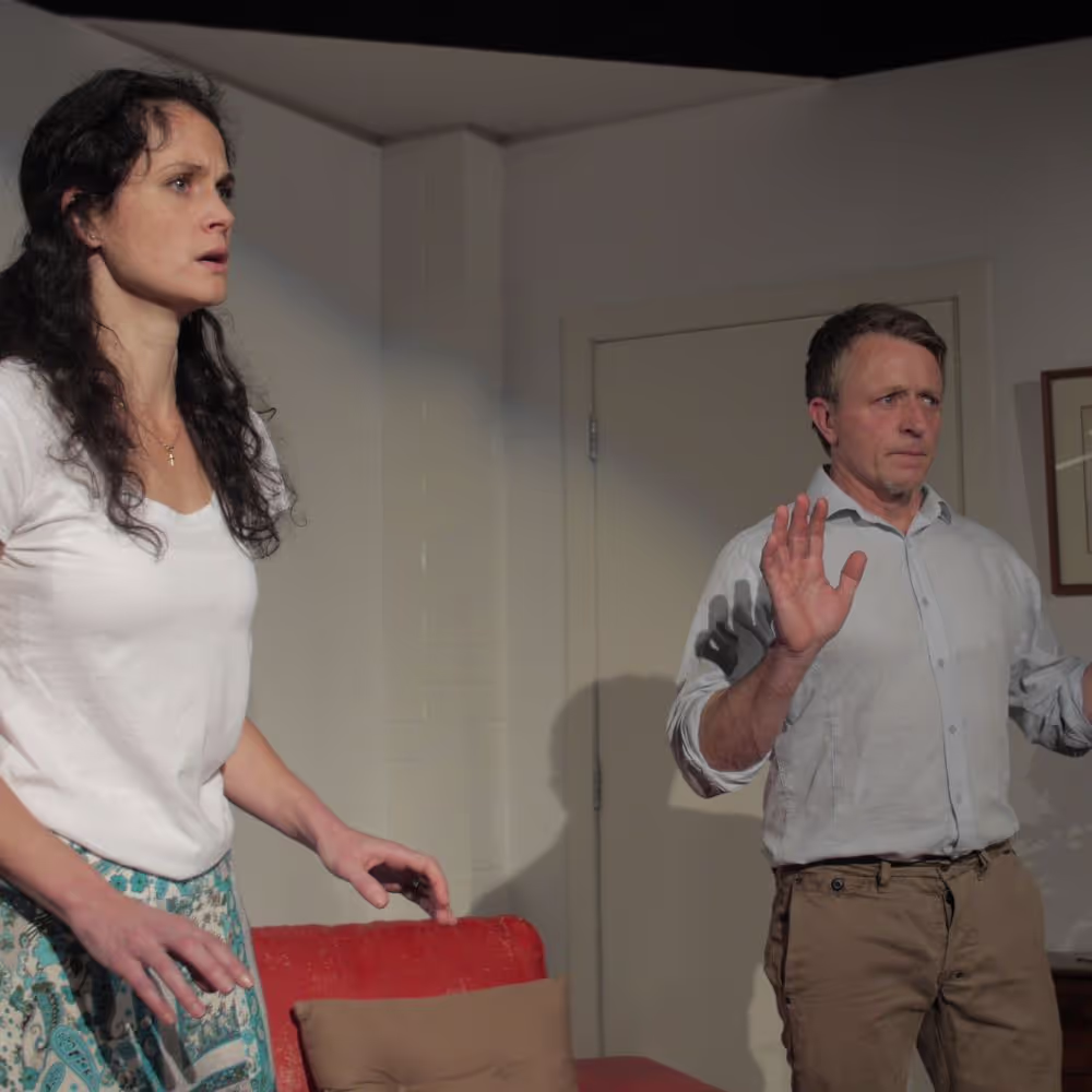 Man and woman standing indoors with concerned expressions; man has hands raised.